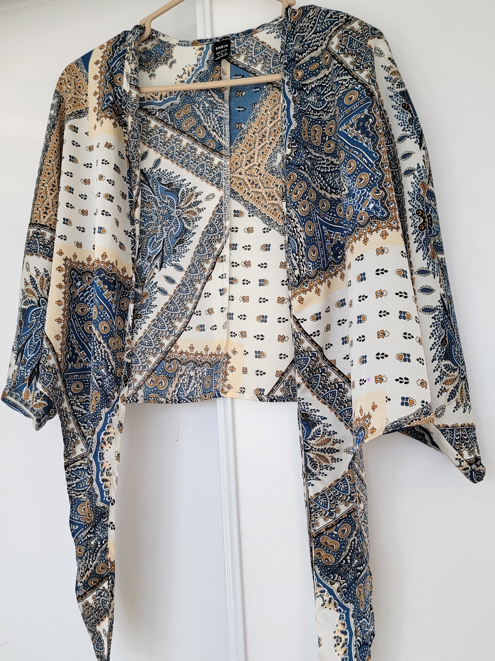 SHEIN Blue and Cream Paisley Tie-Front Tunic